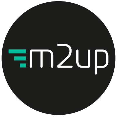 Logotipo da M2up em um fundo escuro
